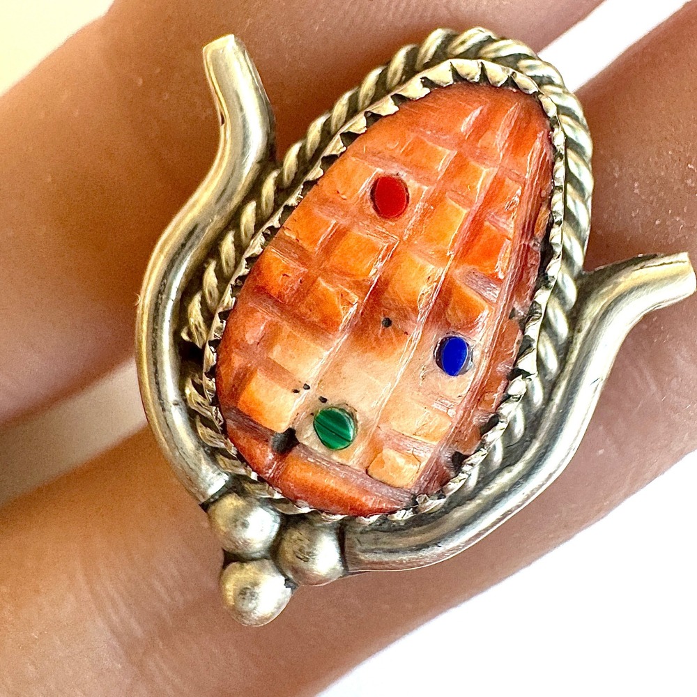 VTG Zuni Corn Pin Brooch Orange Spiny Carved Ear Turquoise‎ Signed Native M
